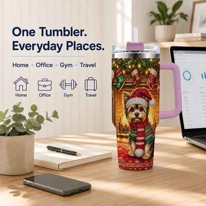 #pl[40oz|Pink] Yorkie Christmas 40oz Tumbler with Handle, Fireplace Dog Travel Cup