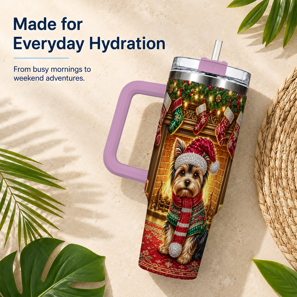 #pl[40oz|Pink] Yorkie Christmas 40oz Tumbler with Handle, Fireplace Dog Travel Cup