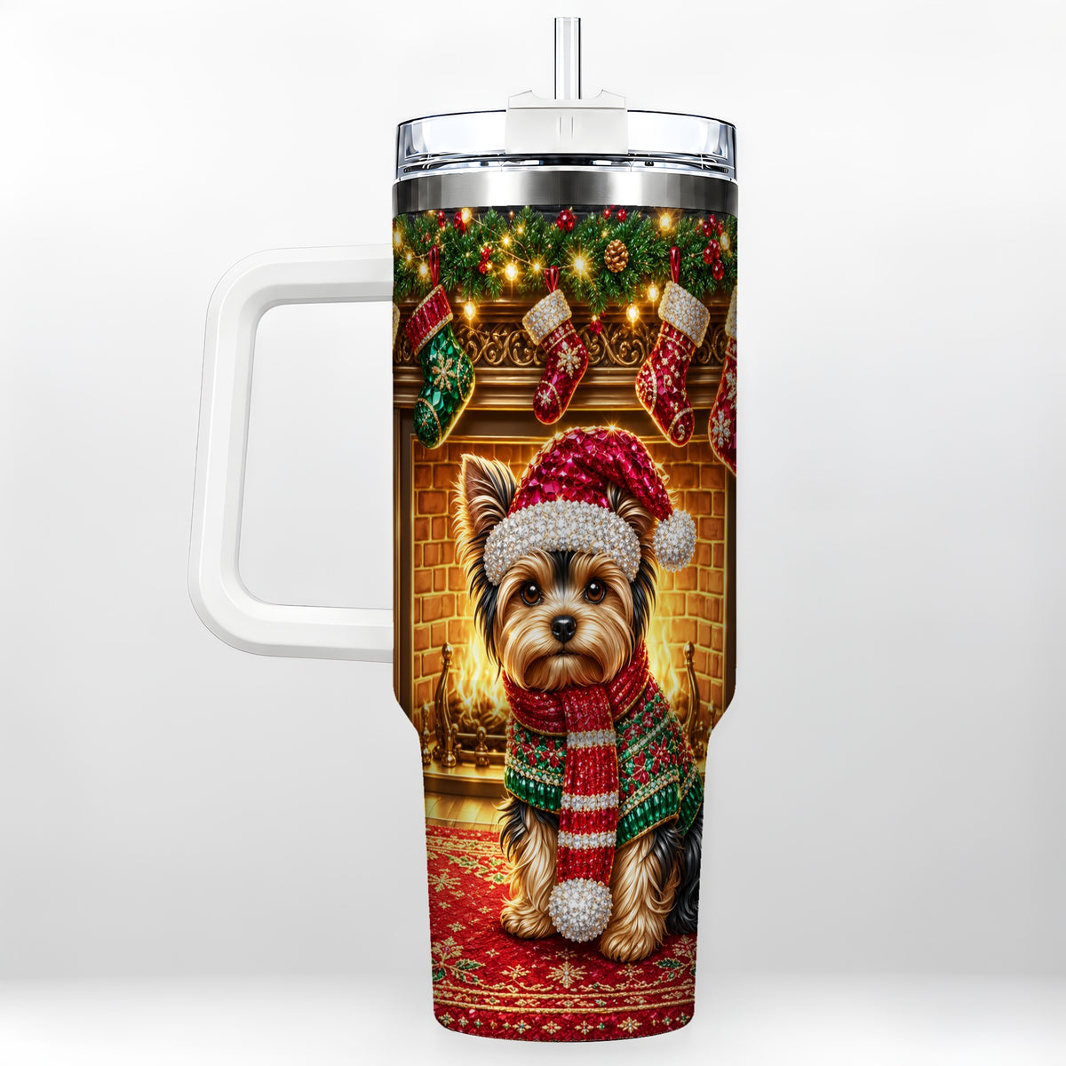 Yorkie Christmas 40oz Tumbler with Handle, Fireplace Dog Travel Cup