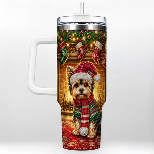 Yorkie Christmas 40oz Tumbler with Handle, Fireplace Dog Travel Cup