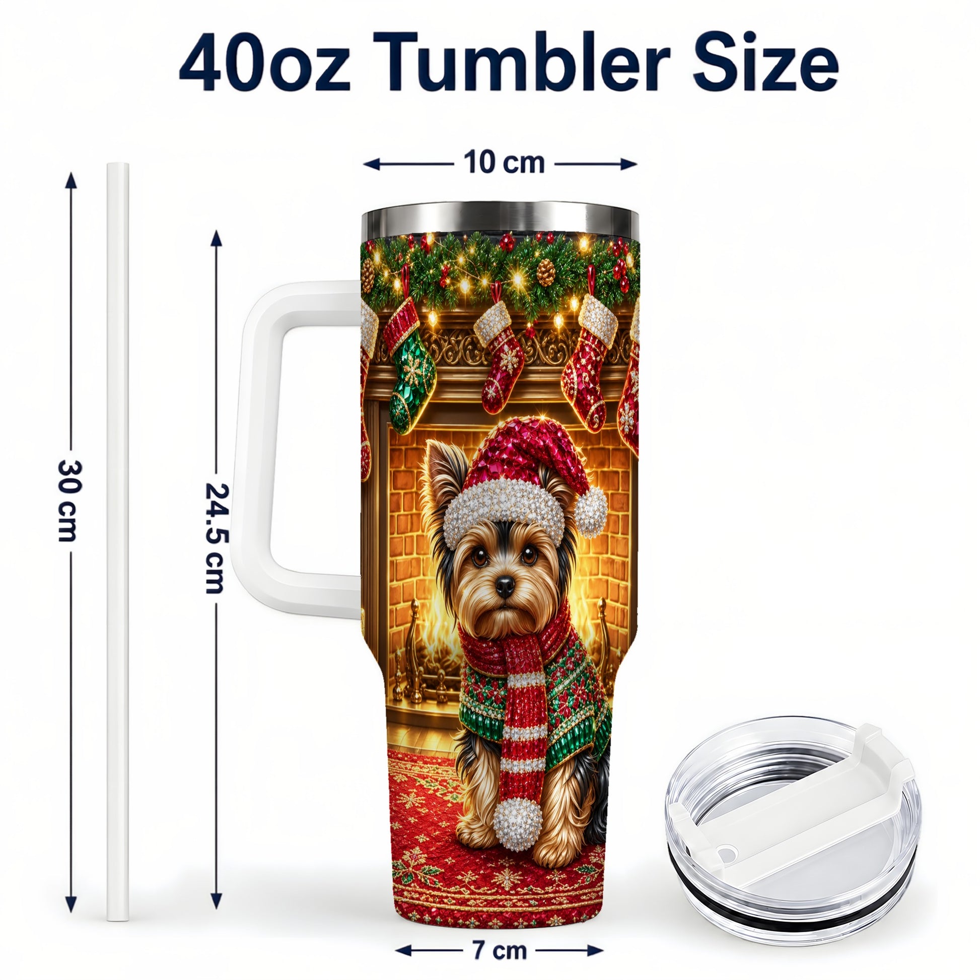 #pl[40oz|White] Yorkie Christmas 40oz Tumbler with Handle, Fireplace Dog Travel Cup