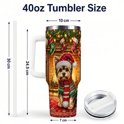 #pl[40oz|White] Yorkie Christmas 40oz Tumbler with Handle, Fireplace Dog Travel Cup
