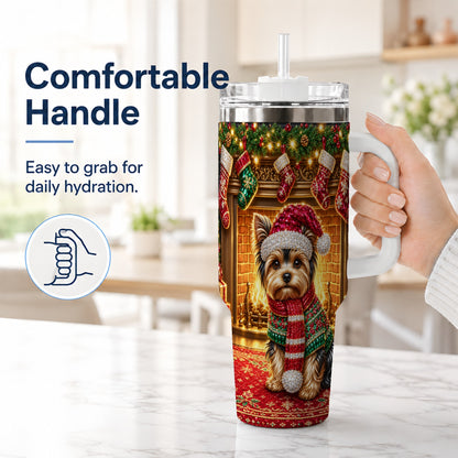 #pl[40oz|White] Yorkie Christmas 40oz Tumbler with Handle, Fireplace Dog Travel Cup