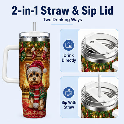 #pl[40oz|White] Yorkie Christmas 40oz Tumbler with Handle, Fireplace Dog Travel Cup