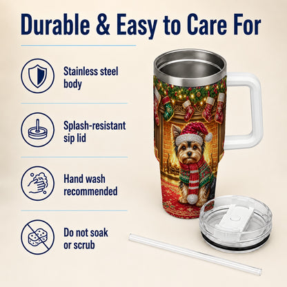 #pl[40oz|White] Yorkie Christmas 40oz Tumbler with Handle, Fireplace Dog Travel Cup