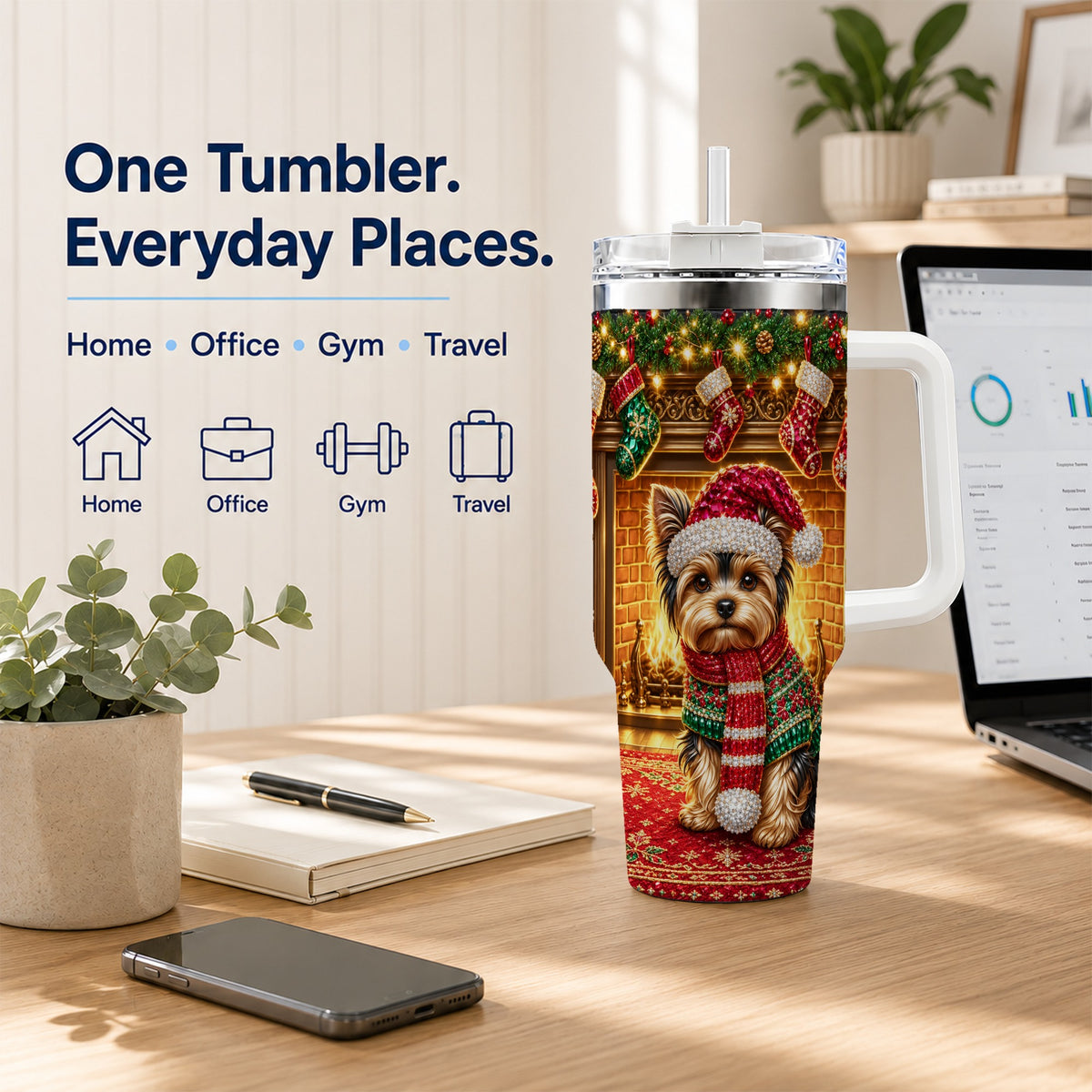 #pl[40oz|White] Yorkie Christmas 40oz Tumbler with Handle, Fireplace Dog Travel Cup
