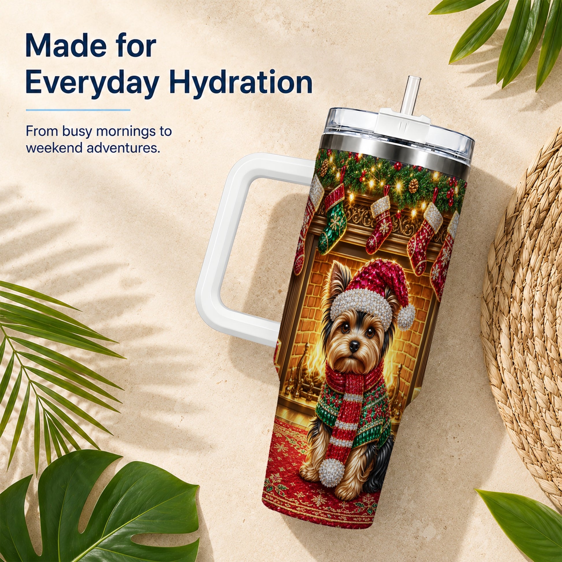 #pl[40oz|White] Yorkie Christmas 40oz Tumbler with Handle, Fireplace Dog Travel Cup