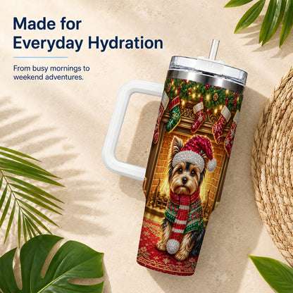 #pl[40oz|White] Yorkie Christmas 40oz Tumbler with Handle, Fireplace Dog Travel Cup