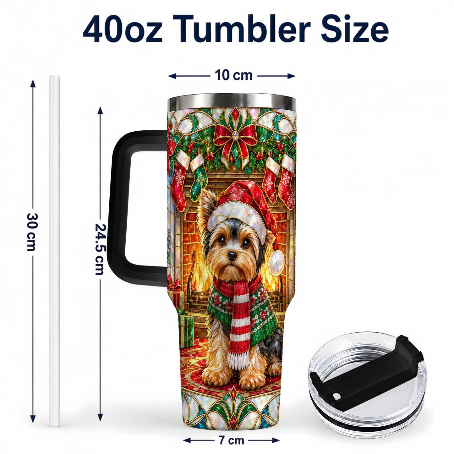 #pl[40oz|Black] Yorkie Christmas 40oz Tumbler with Handle, Stained Glass Style Dog