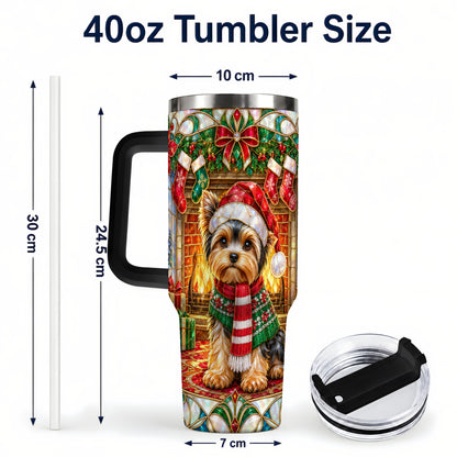 #pl[40oz|Black] Yorkie Christmas 40oz Tumbler with Handle, Stained Glass Style Dog