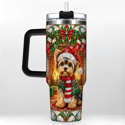 #pl[40oz|Black] Yorkie Christmas 40oz Tumbler with Handle, Stained Glass Style Dog