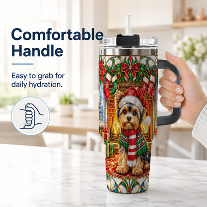 #pl[40oz|Black] Yorkie Christmas 40oz Tumbler with Handle, Stained Glass Style Dog
