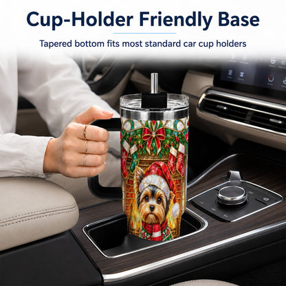 #pl[40oz|Black] Yorkie Christmas 40oz Tumbler with Handle, Stained Glass Style Dog