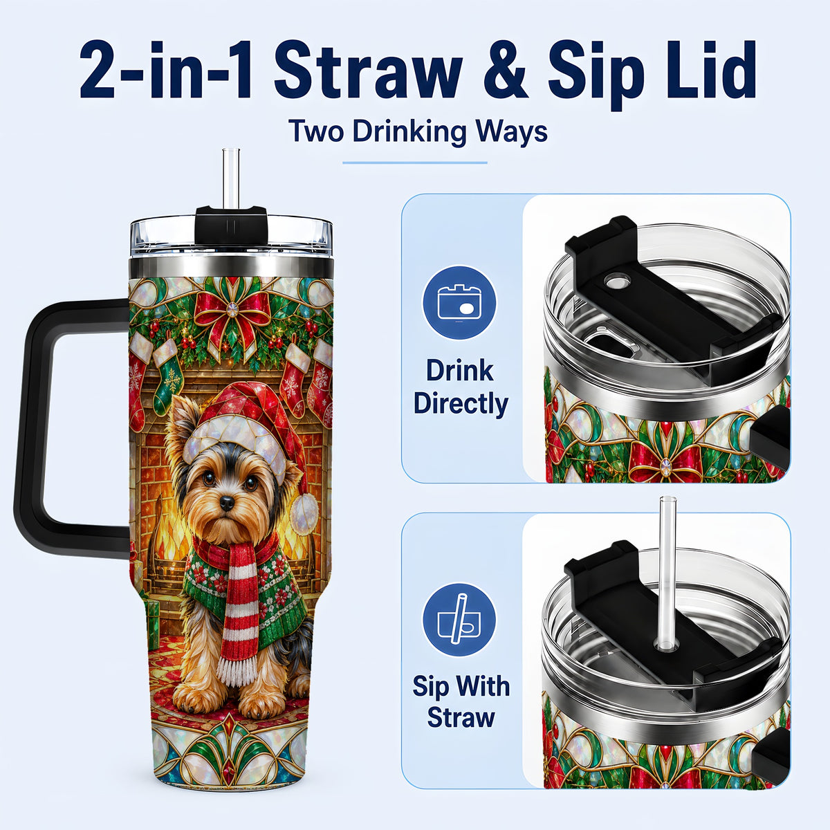 #pl[40oz|Black] Yorkie Christmas 40oz Tumbler with Handle, Stained Glass Style Dog