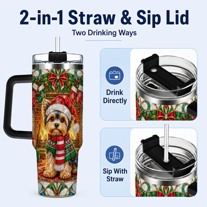 #pl[40oz|Black] Yorkie Christmas 40oz Tumbler with Handle, Stained Glass Style Dog