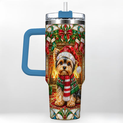 #pl[40oz|Blue] Yorkie Christmas 40oz Tumbler with Handle, Stained Glass Style Dog