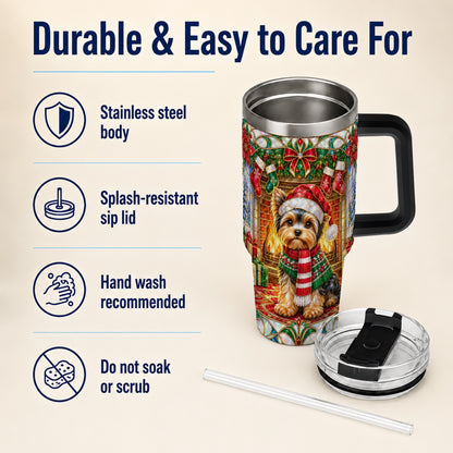 #pl[40oz|Black] Yorkie Christmas 40oz Tumbler with Handle, Stained Glass Style Dog