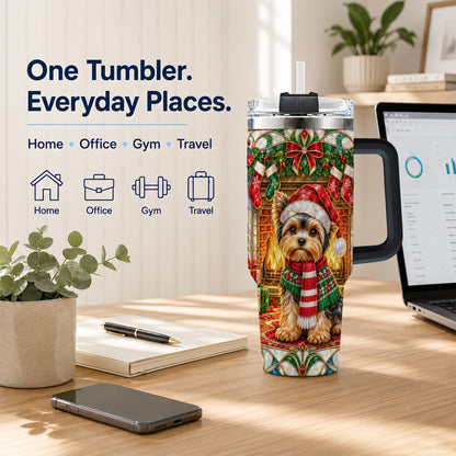 #pl[40oz|Black] Yorkie Christmas 40oz Tumbler with Handle, Stained Glass Style Dog