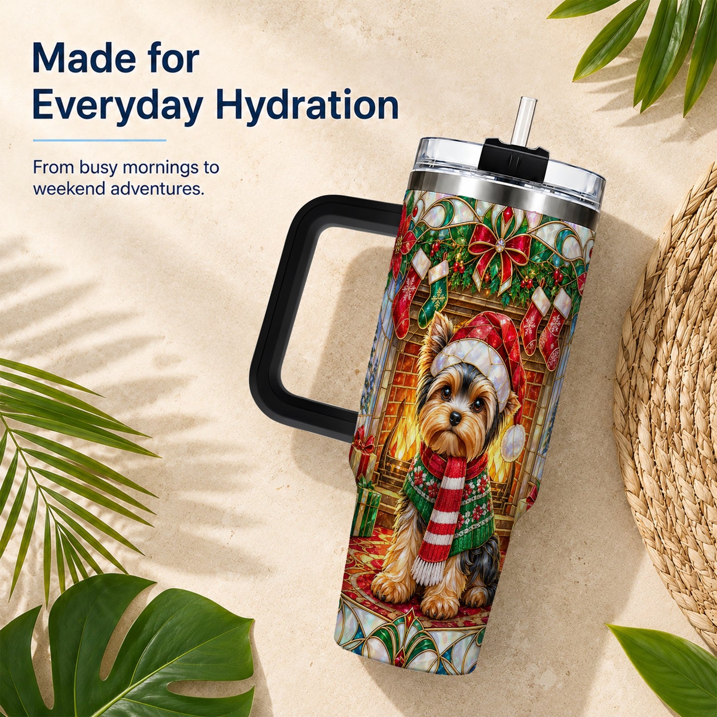 #pl[40oz|Black] Yorkie Christmas 40oz Tumbler with Handle, Stained Glass Style Dog
