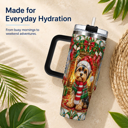 #pl[40oz|Black] Yorkie Christmas 40oz Tumbler with Handle, Stained Glass Style Dog