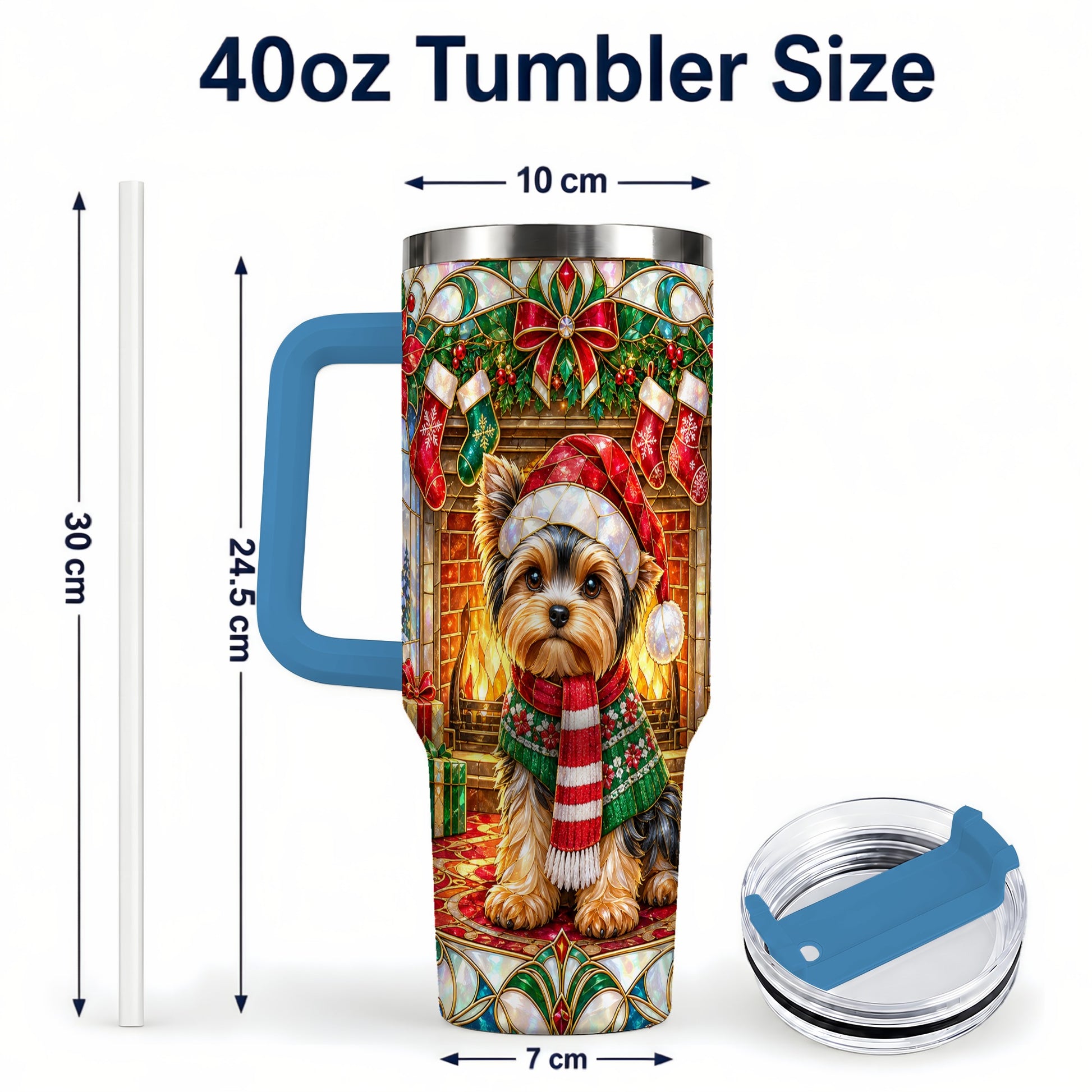 #pl[40oz|Blue] Yorkie Christmas 40oz Tumbler with Handle, Stained Glass Style Dog