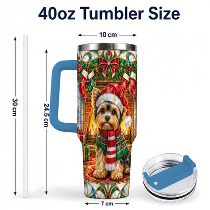 #pl[40oz|Blue] Yorkie Christmas 40oz Tumbler with Handle, Stained Glass Style Dog