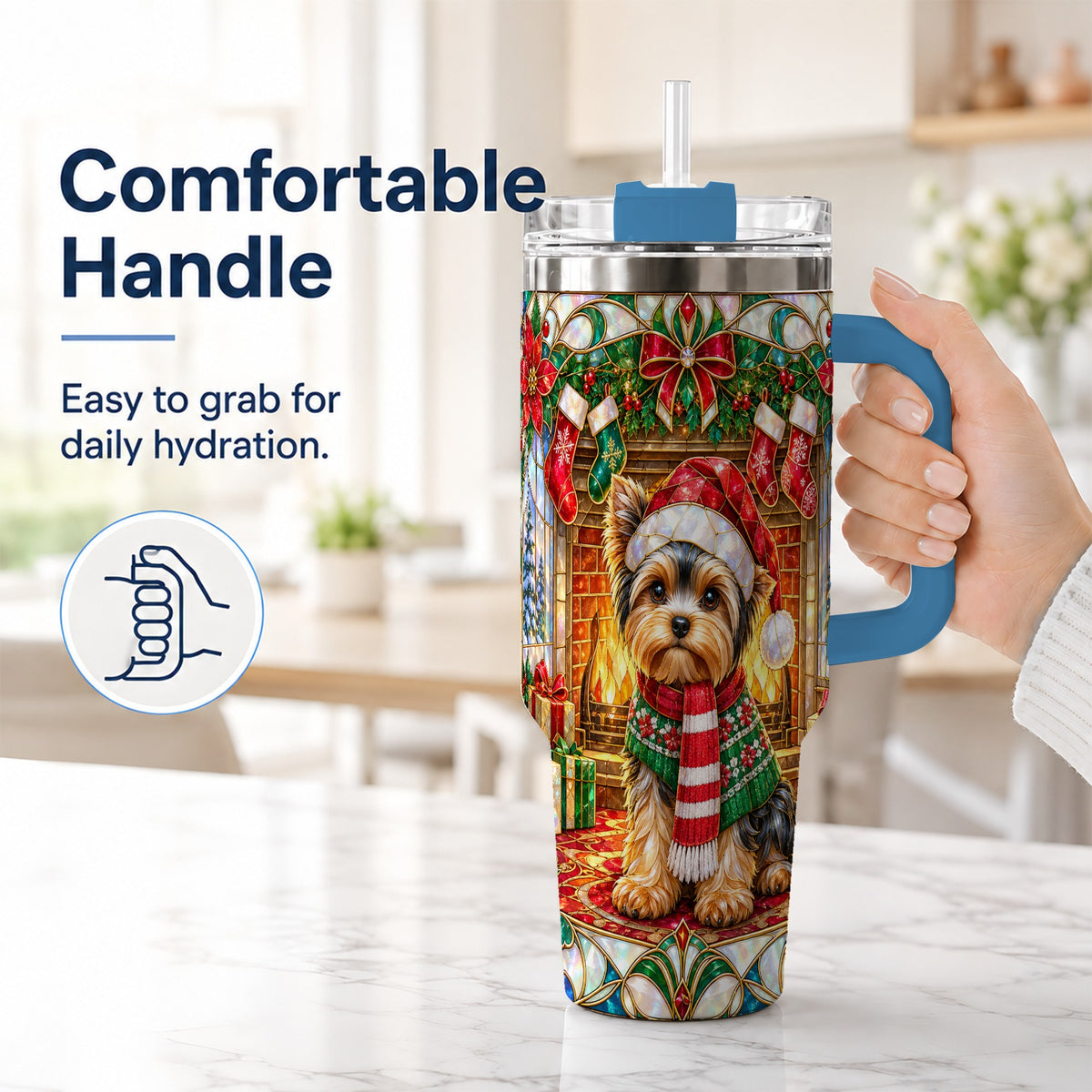 #pl[40oz|Blue] Yorkie Christmas 40oz Tumbler with Handle, Stained Glass Style Dog
