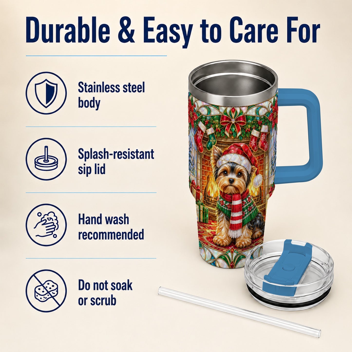 #pl[40oz|Blue] Yorkie Christmas 40oz Tumbler with Handle, Stained Glass Style Dog