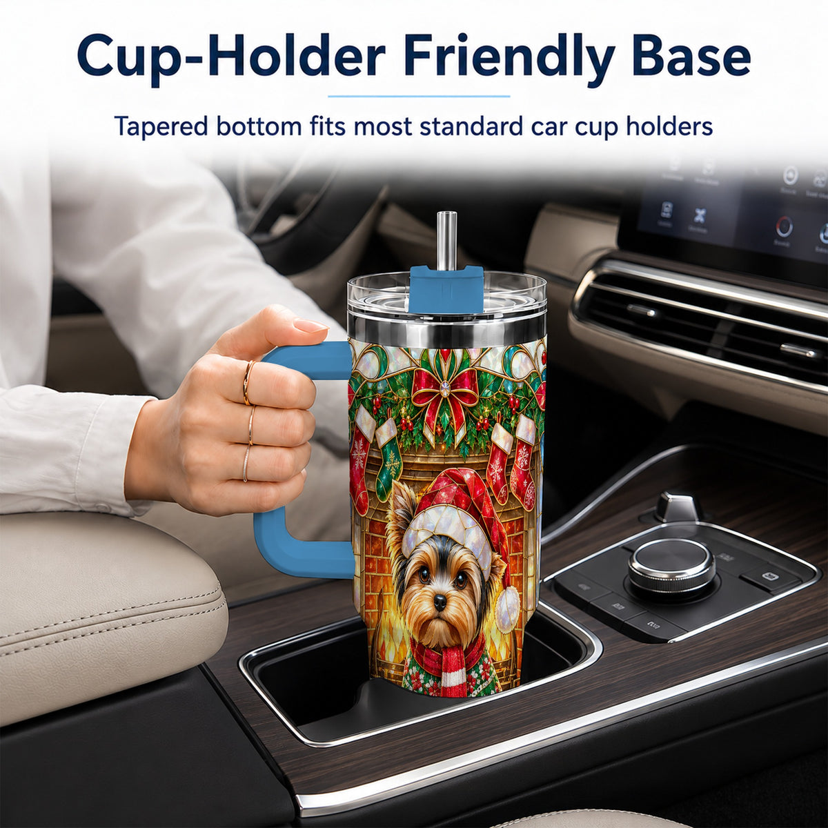 #pl[40oz|Blue] Yorkie Christmas 40oz Tumbler with Handle, Stained Glass Style Dog