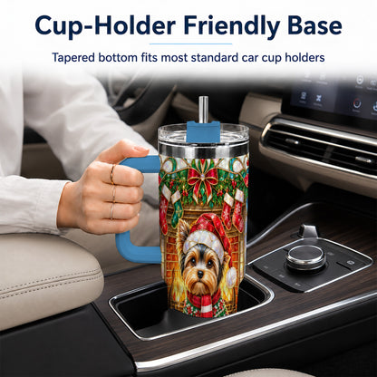 #pl[40oz|Blue] Yorkie Christmas 40oz Tumbler with Handle, Stained Glass Style Dog