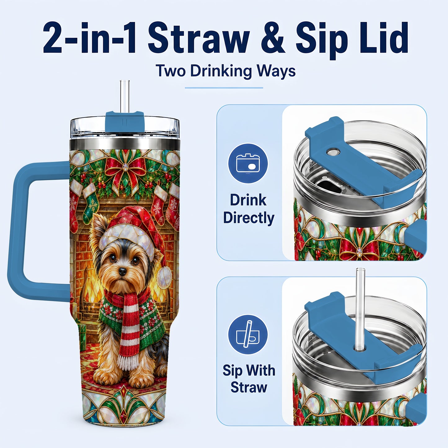 #pl[40oz|Blue] Yorkie Christmas 40oz Tumbler with Handle, Stained Glass Style Dog