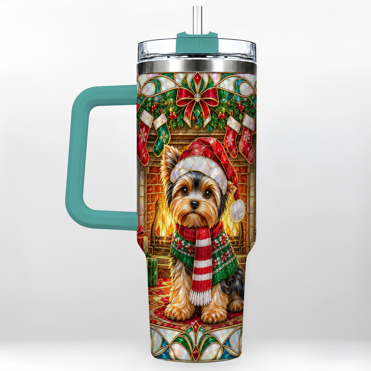 #pl[40oz|Green] Yorkie Christmas 40oz Tumbler with Handle, Stained Glass Style Dog