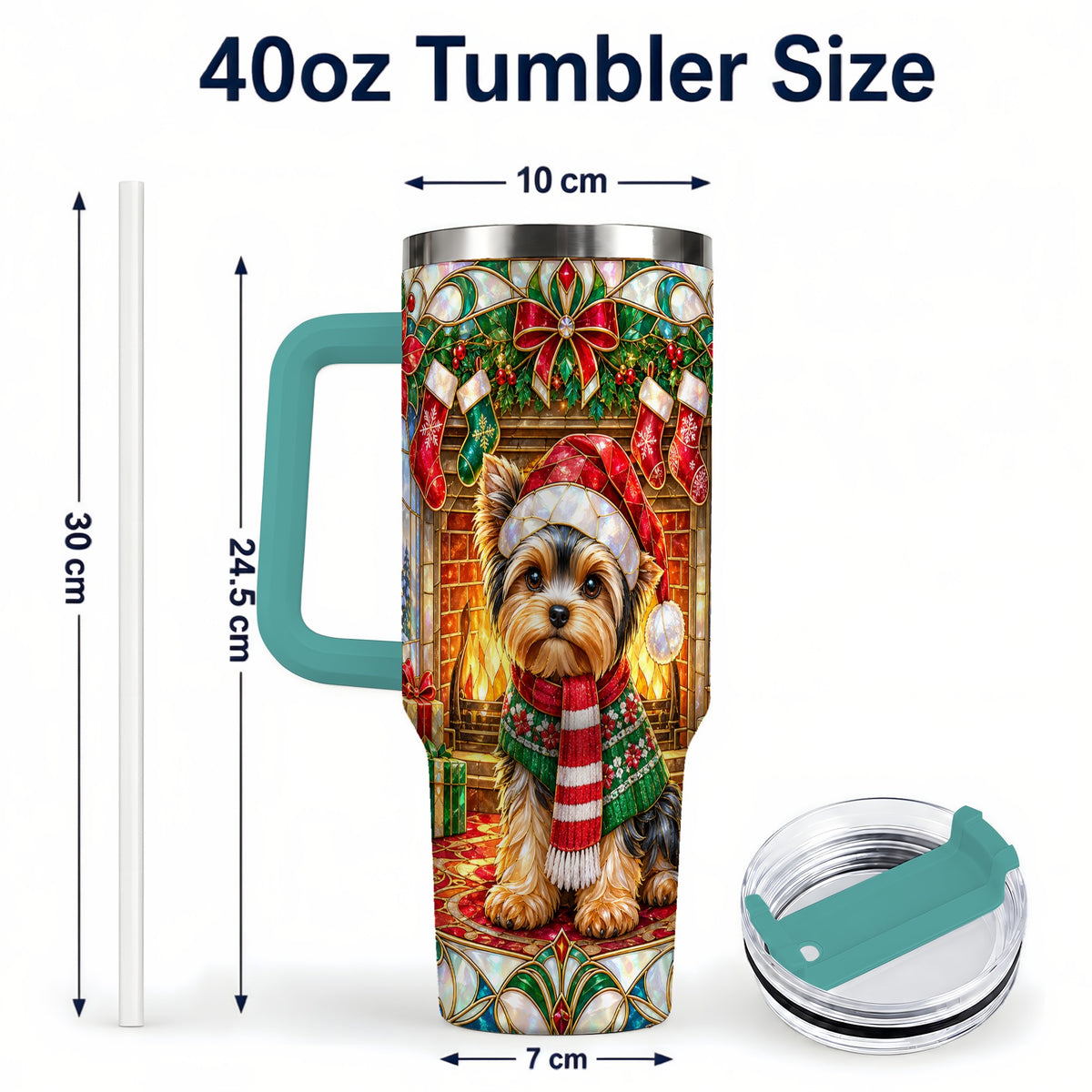 #pl[40oz|Green] Yorkie Christmas 40oz Tumbler with Handle, Stained Glass Style Dog