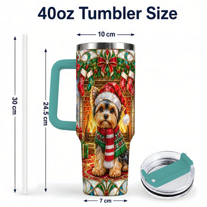 #pl[40oz|Green] Yorkie Christmas 40oz Tumbler with Handle, Stained Glass Style Dog