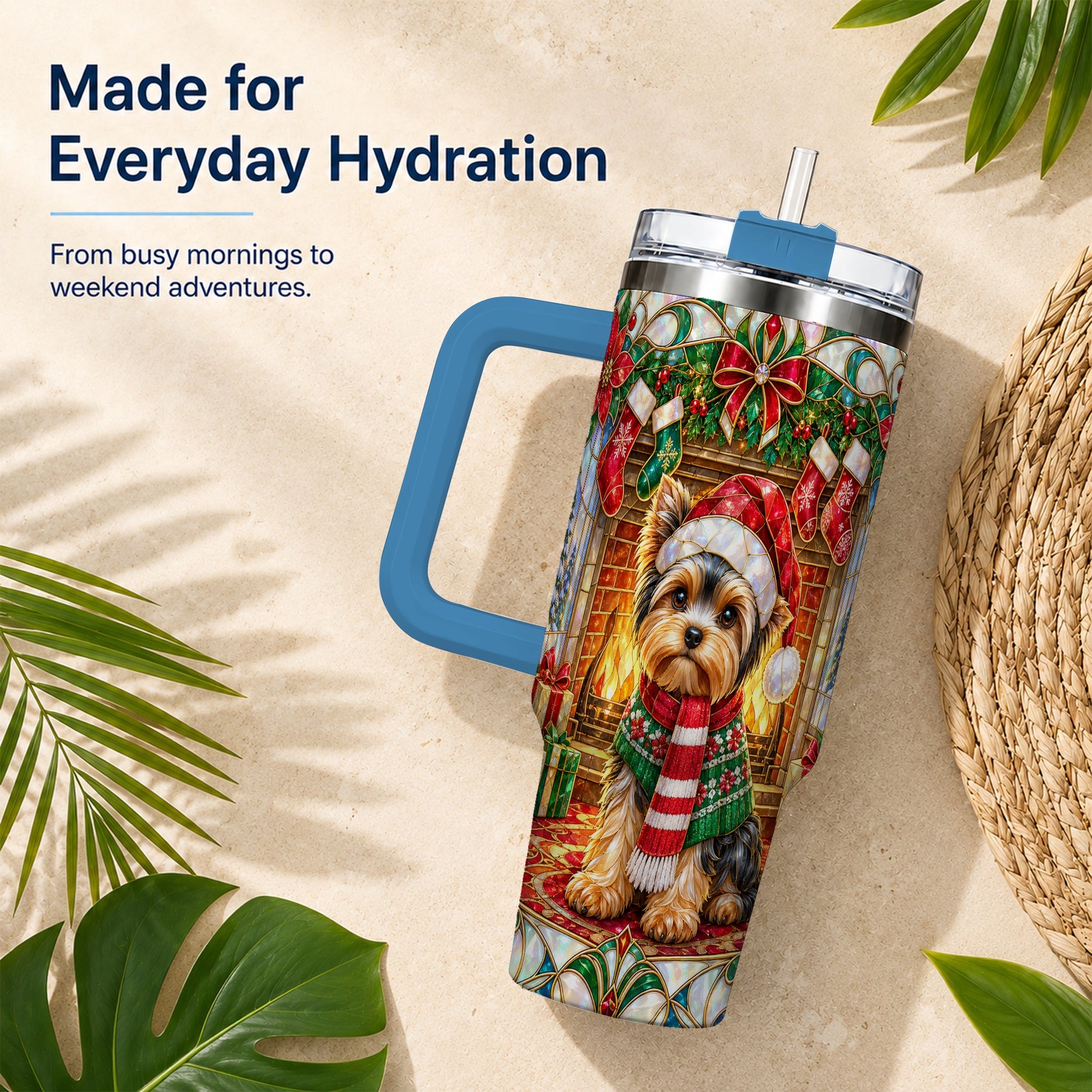 #pl[40oz|Blue] Yorkie Christmas 40oz Tumbler with Handle, Stained Glass Style Dog