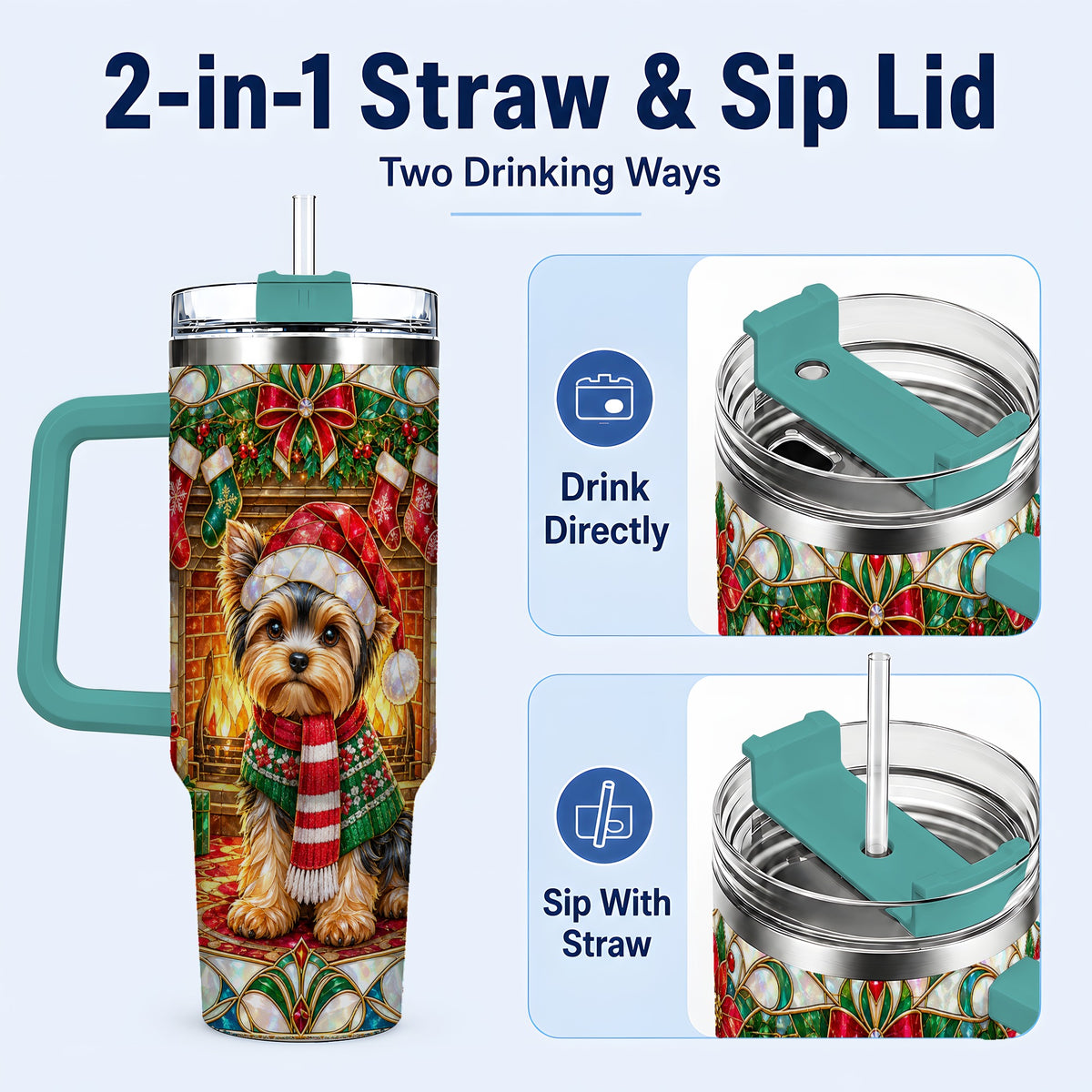 #pl[40oz|Green] Yorkie Christmas 40oz Tumbler with Handle, Stained Glass Style Dog