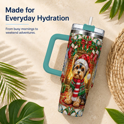 #pl[40oz|Green] Yorkie Christmas 40oz Tumbler with Handle, Stained Glass Style Dog