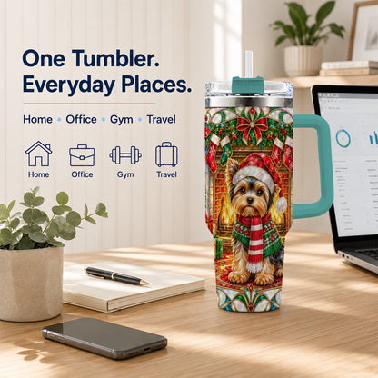 #pl[40oz|Green] Yorkie Christmas 40oz Tumbler with Handle, Stained Glass Style Dog