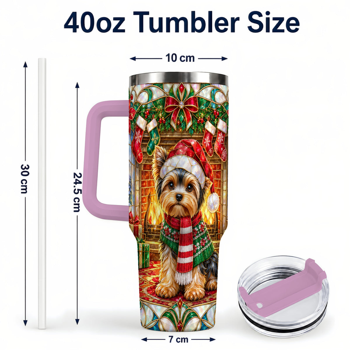 #pl[40oz|Pink] Yorkie Christmas 40oz Tumbler with Handle, Stained Glass Style Dog