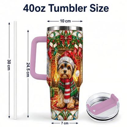 #pl[40oz|Pink] Yorkie Christmas 40oz Tumbler with Handle, Stained Glass Style Dog