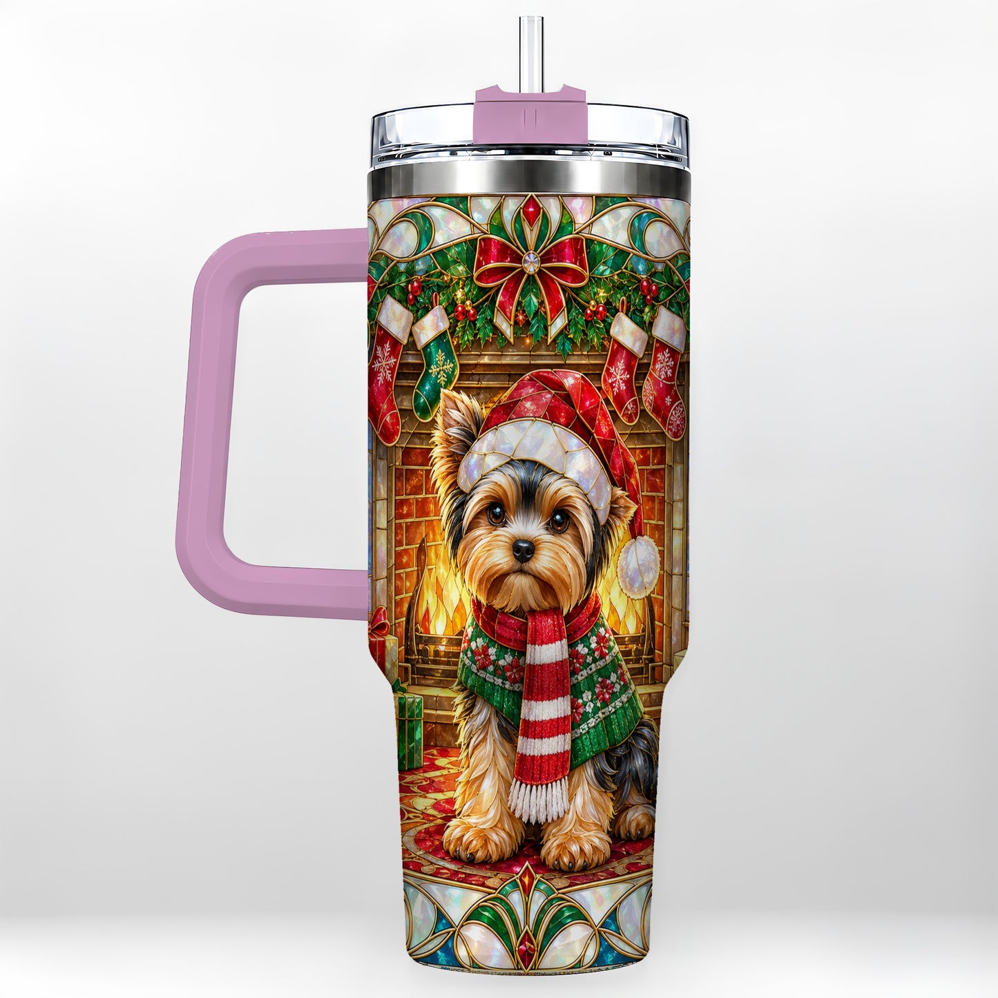 #pl[40oz|Pink] Yorkie Christmas 40oz Tumbler with Handle, Stained Glass Style Dog