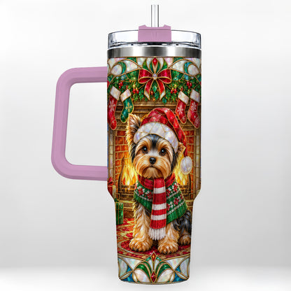 #pl[40oz|Pink] Yorkie Christmas 40oz Tumbler with Handle, Stained Glass Style Dog