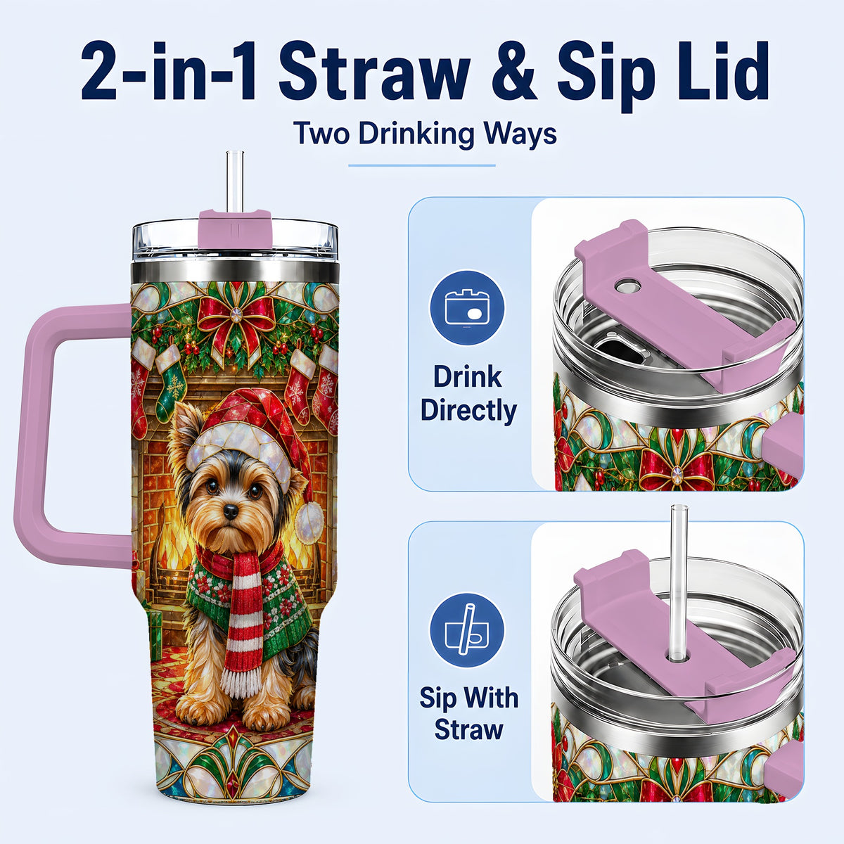 #pl[40oz|Pink] Yorkie Christmas 40oz Tumbler with Handle, Stained Glass Style Dog