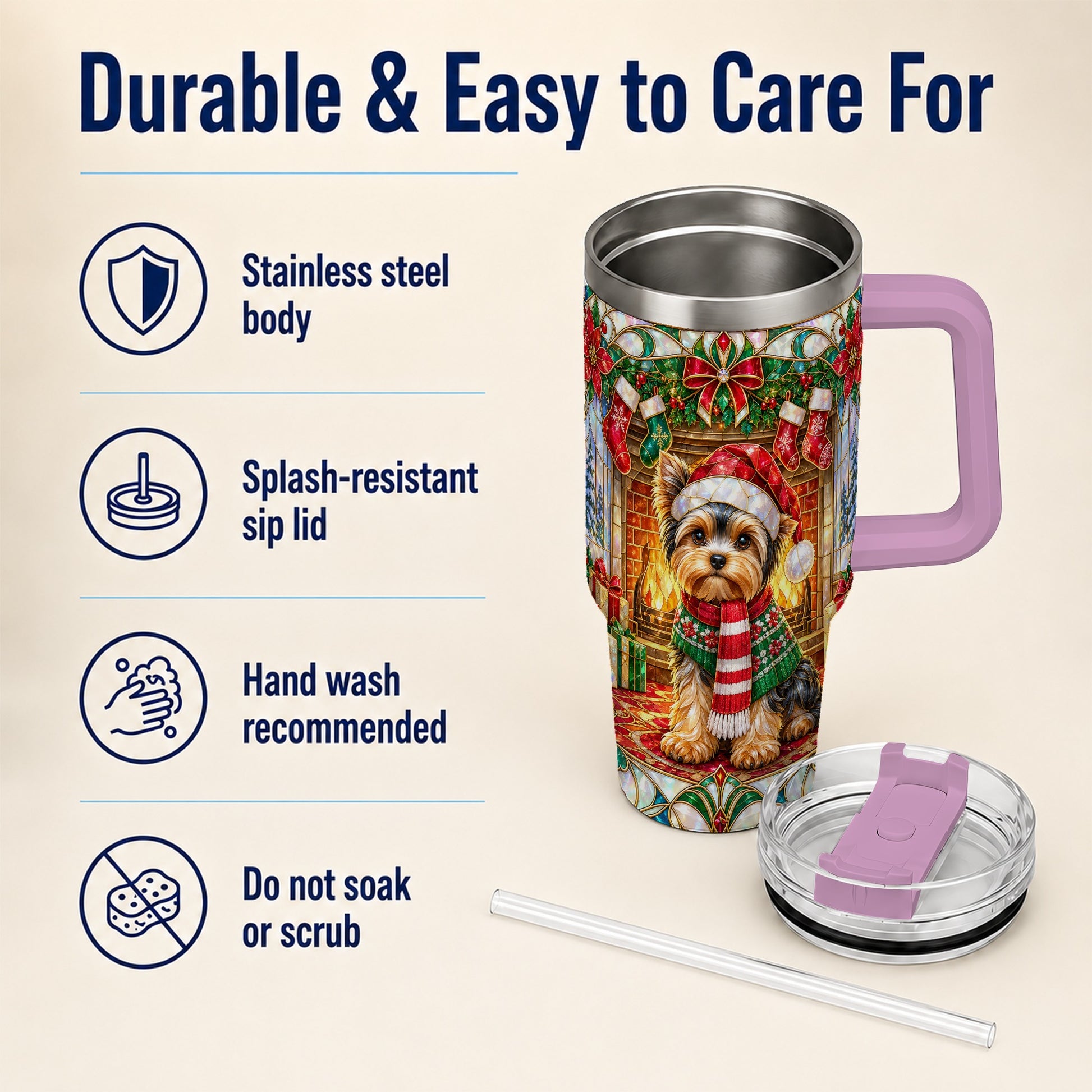 #pl[40oz|Pink] Yorkie Christmas 40oz Tumbler with Handle, Stained Glass Style Dog