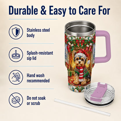 #pl[40oz|Pink] Yorkie Christmas 40oz Tumbler with Handle, Stained Glass Style Dog