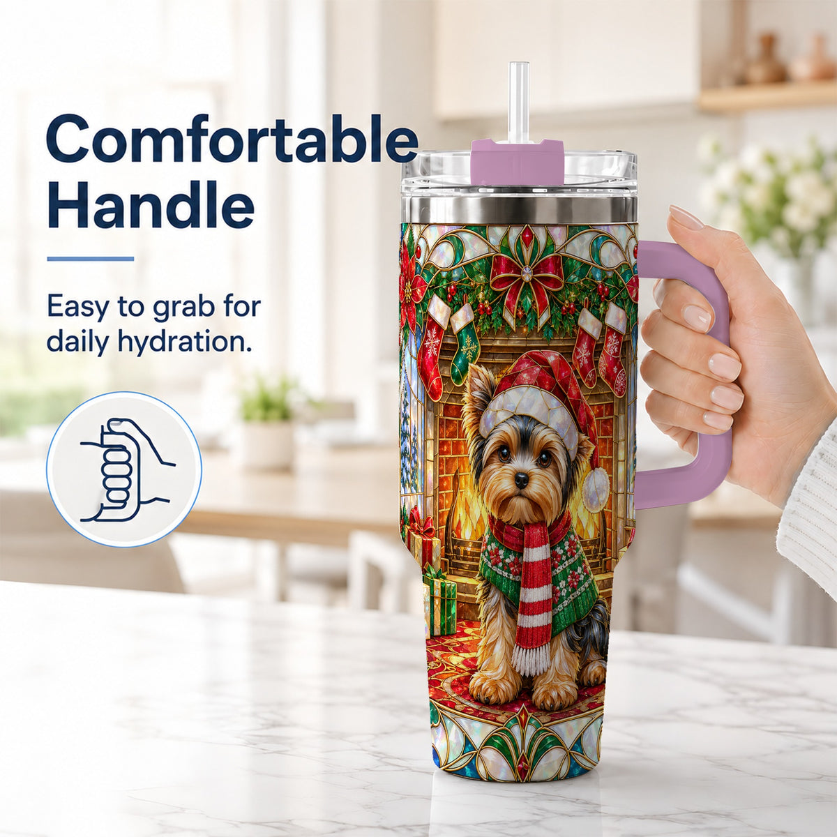 #pl[40oz|Pink] Yorkie Christmas 40oz Tumbler with Handle, Stained Glass Style Dog
