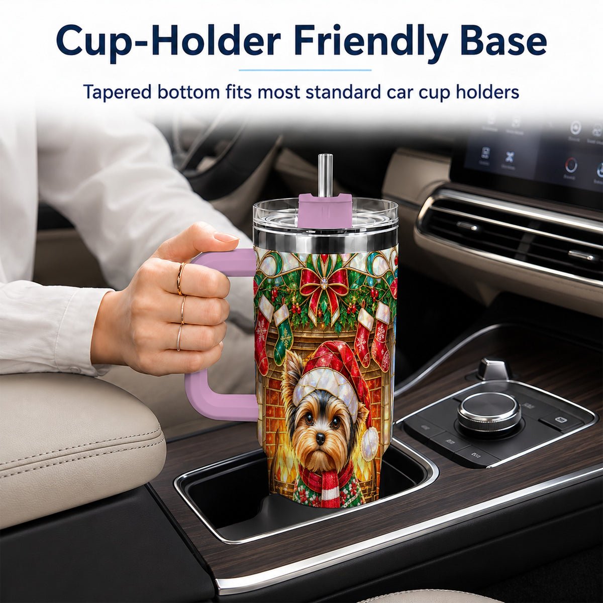 #pl[40oz|Pink] Yorkie Christmas 40oz Tumbler with Handle, Stained Glass Style Dog