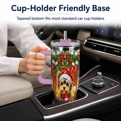 #pl[40oz|Pink] Yorkie Christmas 40oz Tumbler with Handle, Stained Glass Style Dog