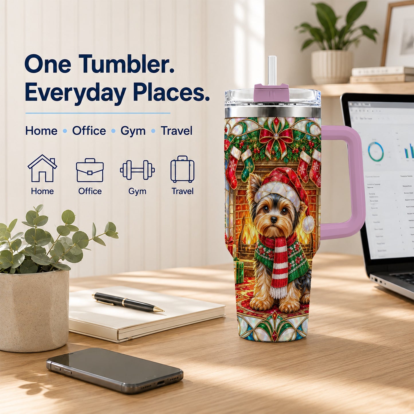 #pl[40oz|Pink] Yorkie Christmas 40oz Tumbler with Handle, Stained Glass Style Dog