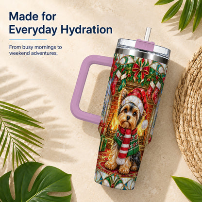#pl[40oz|Pink] Yorkie Christmas 40oz Tumbler with Handle, Stained Glass Style Dog